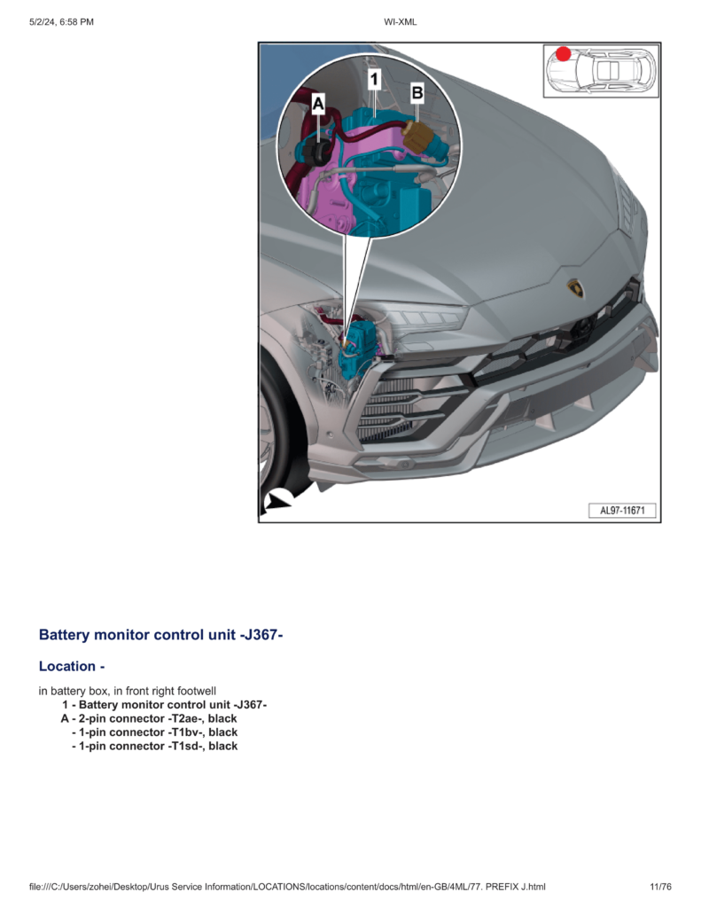 Lamborghini Urus Repair Manual with Wiring Diagrams, Connectors, and Component Locations (Battery monitor control unit)