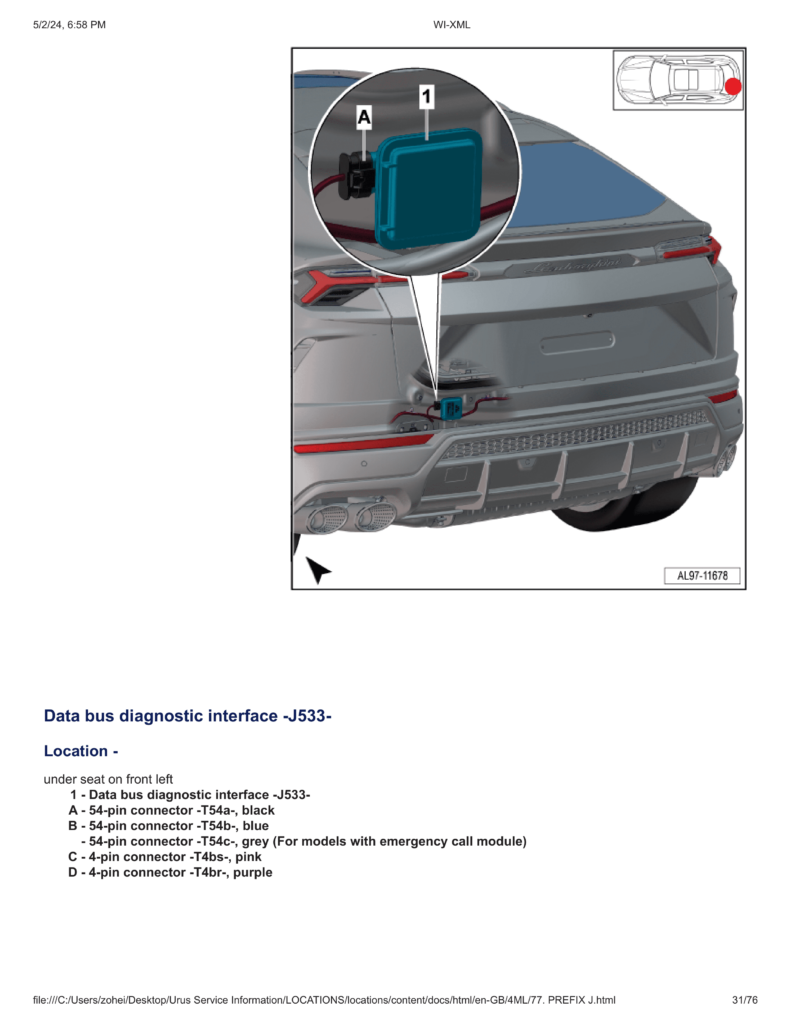 Lamborghini Urus Repair Manual with Wiring Diagrams, Connectors, and Component Locations (Data bus diagnostic interface)