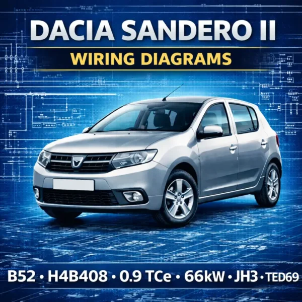 Dacia Sandero II wiring diagrams manual cover with hatchback vehicle and electrical blueprint schematic background