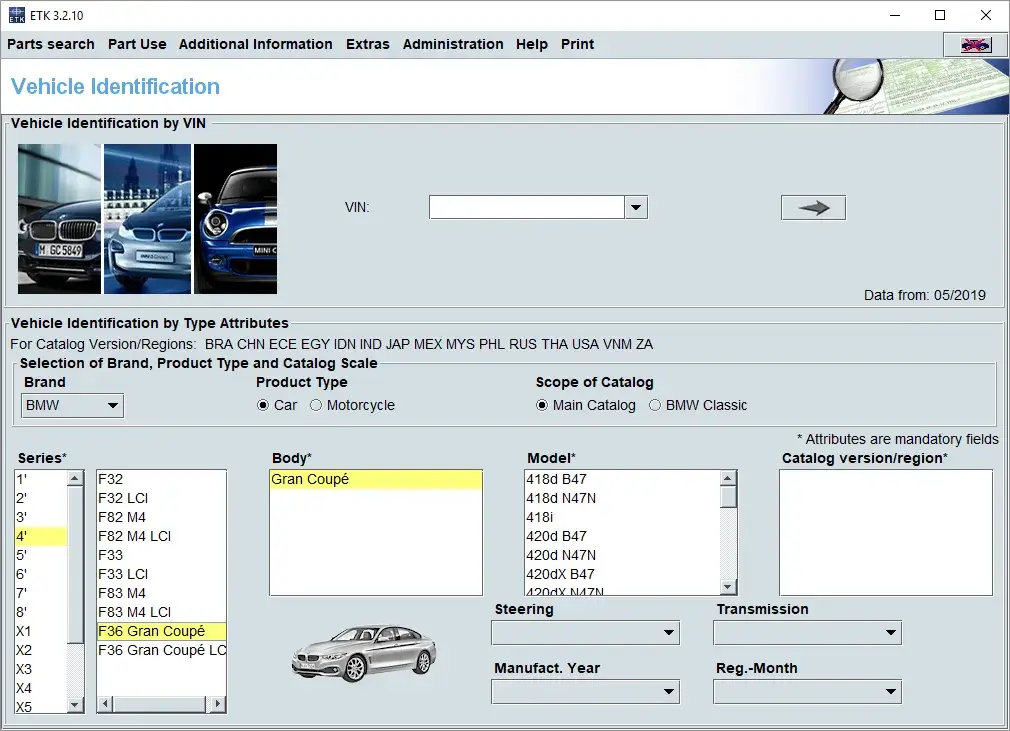 BMW electronic parts catalog ETK showing vehicle selection and model attributes