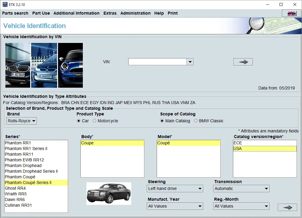 BMW ETK EPC software showing Rolls-Royce vehicle identification by VIN and attributes