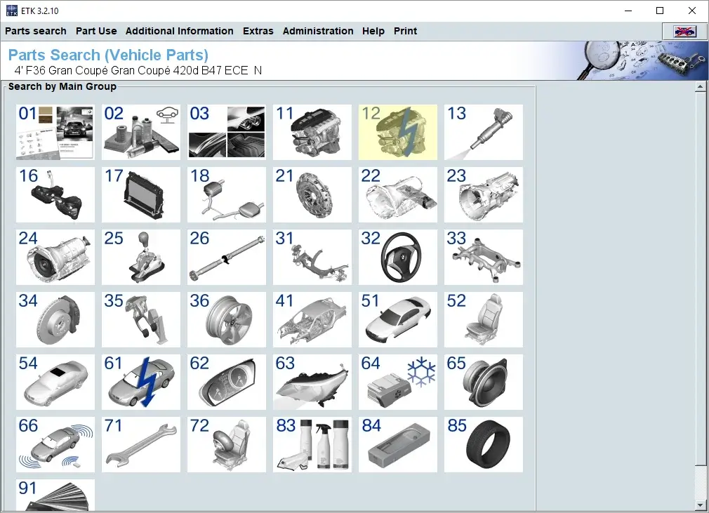 BMW ETK parts search screen with engine, transmission, body and electrical groups