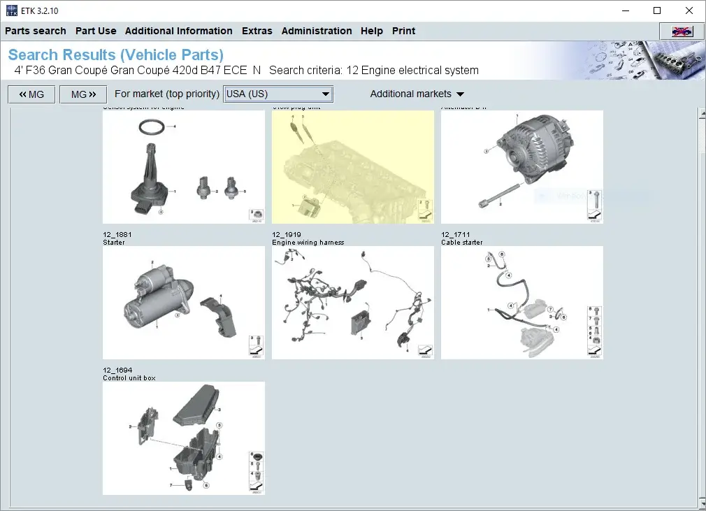 BMW ETK EPC software showing engine wiring harness and electrical parts search results