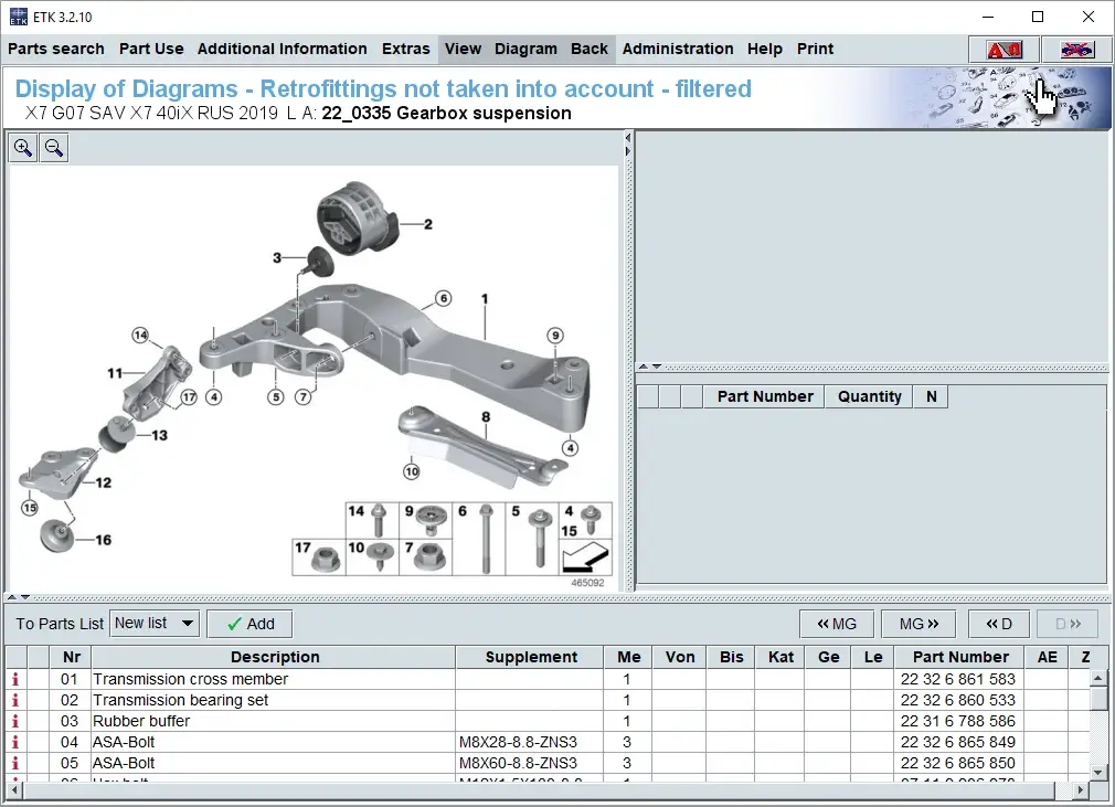 BMW ETK electronic parts catalog diagram showing gearbox suspension and transmission mounting parts