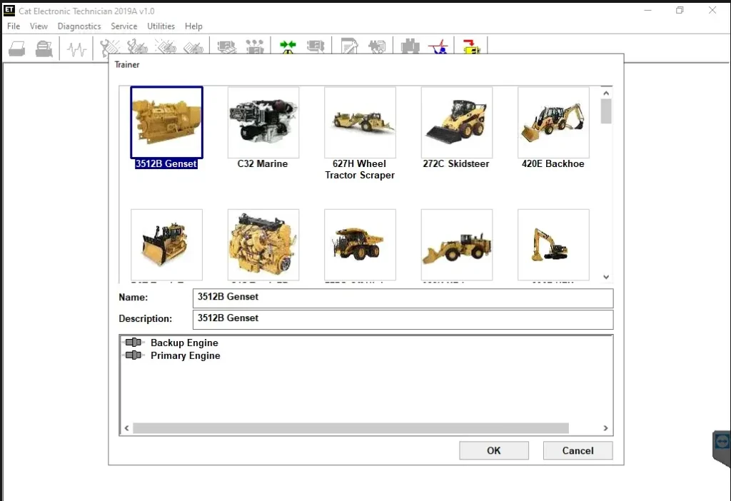 Caterpillar Electronic Technician 2019A v1 trainer module interface showing engine and machinery categories like Genset, Marine, and Backhoe