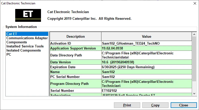 Cat ET 2019A diagnostic software system information panel displaying application support version, serial number, and expiration date