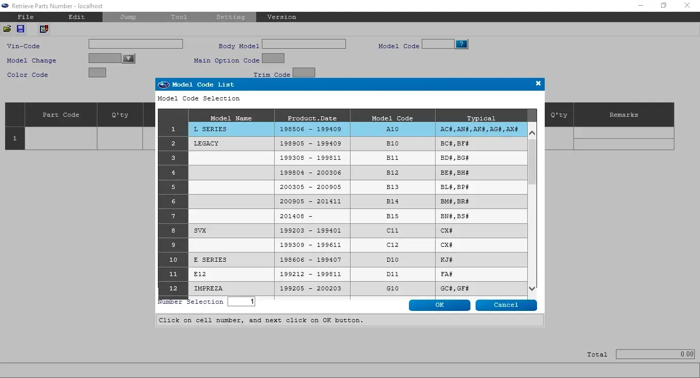 Subaru FAST 3 OEM parts catalog model list with Legacy, Impreza, and SVX entries