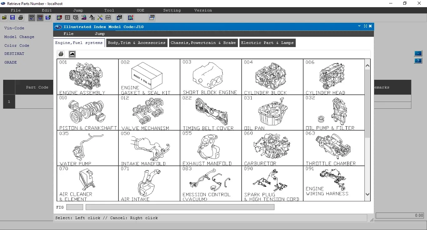 Subaru FAST 3 illustrated index showing engine and fuel system parts diagrams