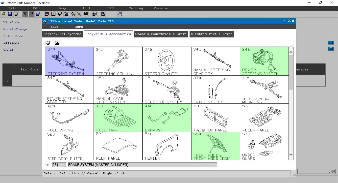 Subaru FAST 3 illustrated index showing chassis, steering, fuel tank, and exhaust system diagrams