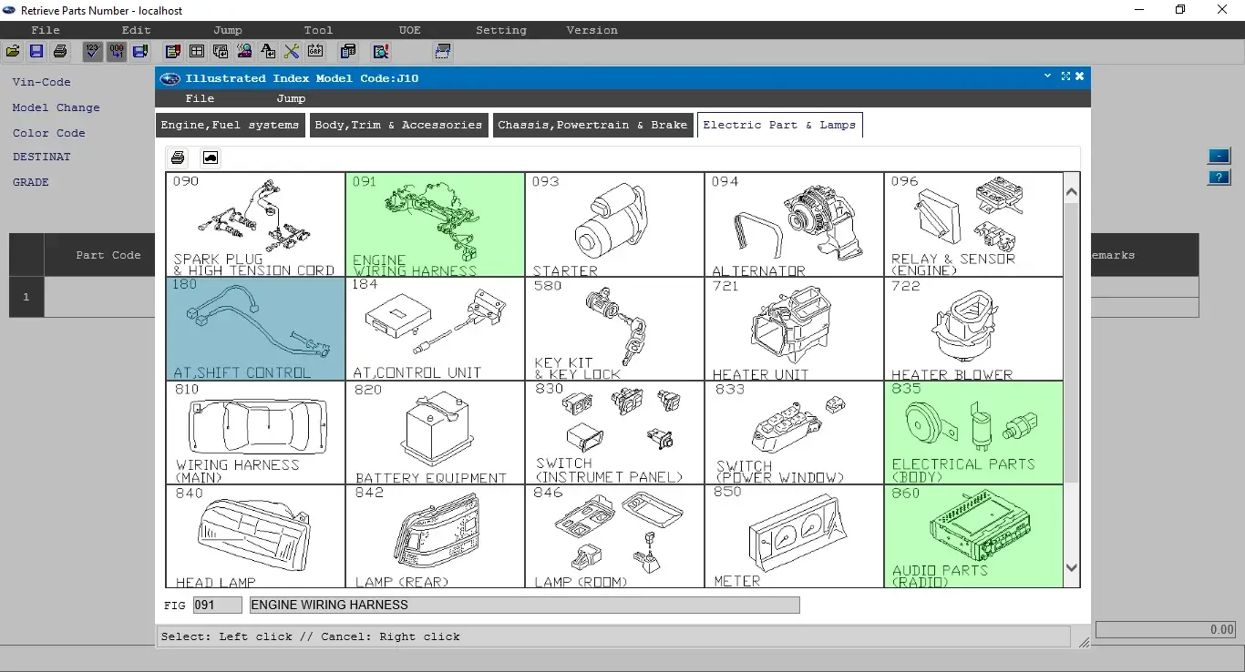 Subaru FAST 3 illustrated index showing electrical system and wiring harness parts diagrams