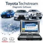 Toyota Techstream Diagnostic Software banner featuring Toyota and Lexus vehicles, a Panasonic Toughbook displaying the Techstream interface, and a technical wiring schematic of a car chassis