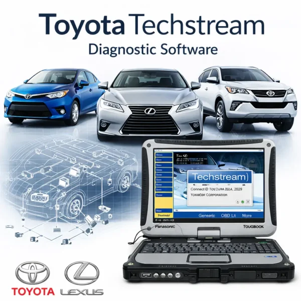 Toyota Techstream Diagnostic Software banner featuring Toyota and Lexus vehicles, a Panasonic Toughbook displaying the Techstream interface, and a technical wiring schematic of a car chassis