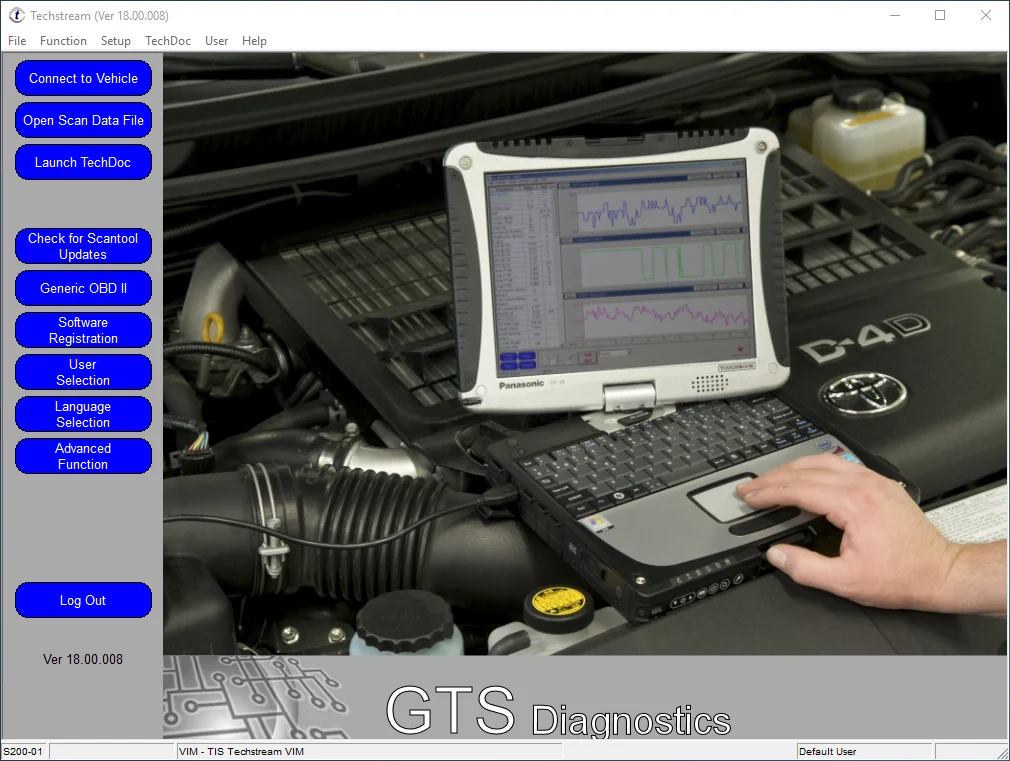 Toyota Techstream Version 18.00.008 software interface running on a Panasonic Toughbook, displaying real-time sensor graphs and GTS Diagnostics menus while connected to a Toyota D-4D engine.