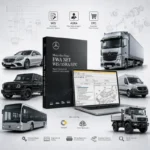 Mercedes-Benz EWA NET WIS/ASRA/EPC software product image featuring repair information, electronic parts catalog interface, passenger car, SUV, van, truck, bus, and Unimog vehicle coverage