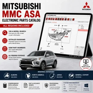 Mitsubishi MMC ASA electronic parts catalog featuring OEM parts lookup, VIN search, exploded diagrams and regional databases for Europe, North America, Japan and General markets.