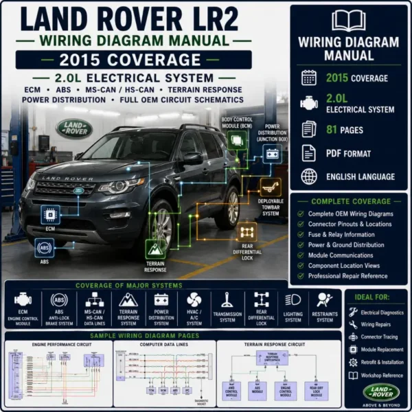 Land Rover LR2 2015 wiring diagram manual covering 2.0L ECM, ABS, MS-CAN, HS-CAN, Terrain Response, power distribution, transmission and OEM electrical schematics.