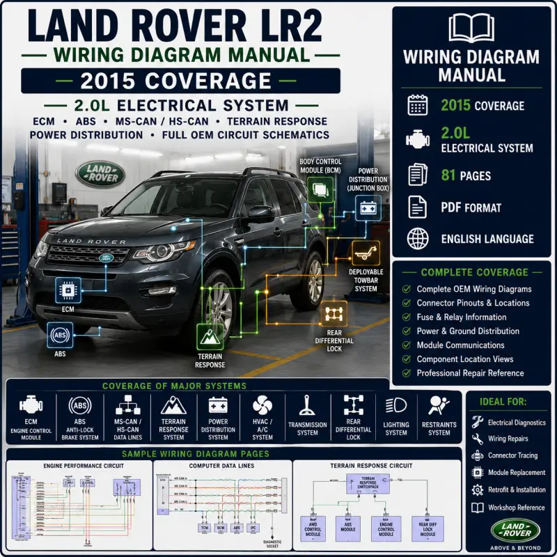 land-rover-lr2-2015-wiring-diagram-manual Land Rover LR2 2015 wiring diagram manual covering 2.0L ECM, ABS, MS-CAN, HS-CAN, Terrain Response, power distribution, transmission and OEM electrical schematics.
