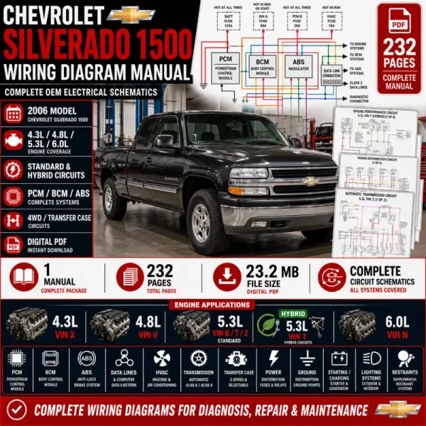 Chevrolet Silverado 1500 2006 wiring diagram manual covering 4.3L, 4.8L, 5.3L and 6.0L engines, Hybrid circuits, PCM, BCM, ABS, data lines, automatic transmission, transfer case, power distribution and complete electrical schematics.