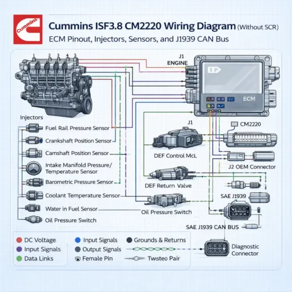 Cummins ISF3.8 CM2220 wiring diagram without SCR showing ECM pinout injectors sensors and J1939 CAN bus connections