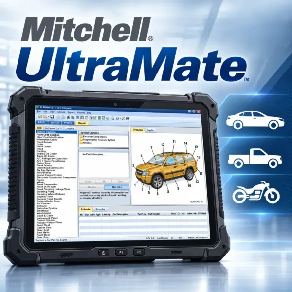 Mitchell UltraMate 7.1.242 collision estimating software displayed on a rugged tough tab with vehicle repair graphic interface
