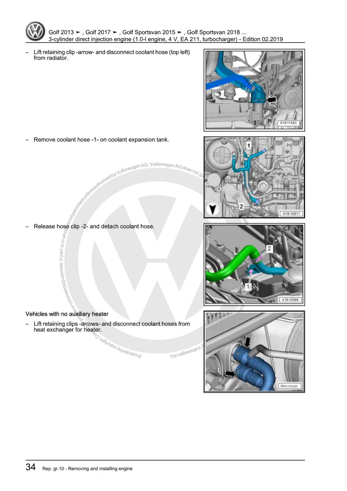 VW Golf Polo T-Cross T-Roc Touran 3-Cylinder Direct Injection Engine OEM Workshop Manual