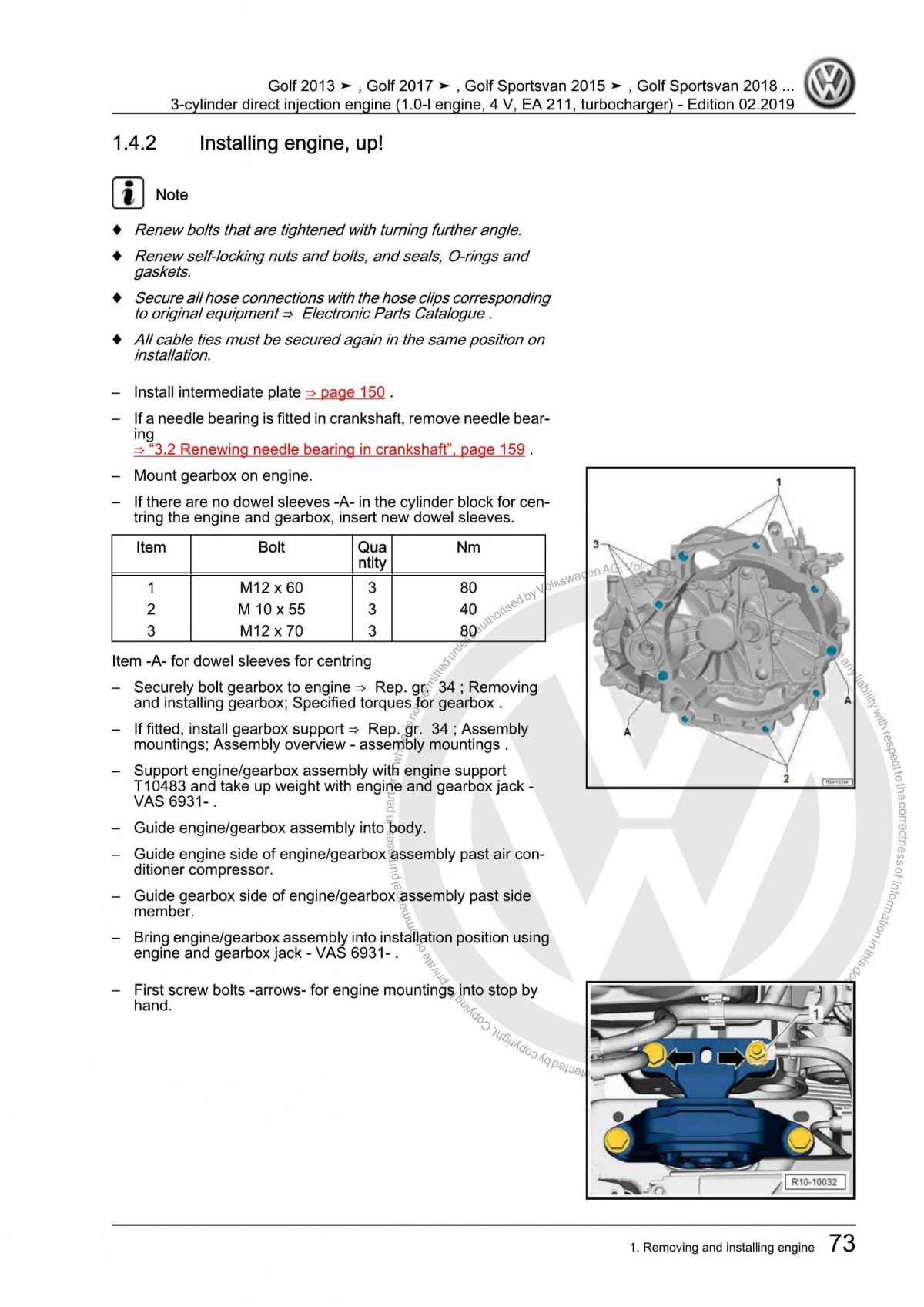 VW Golf Polo T-Cross T-Roc Touran 3-Cylinder Direct Injection Engine OEM Workshop Manual