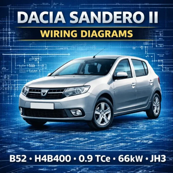 Dacia Sandero II wiring diagrams manual cover with hatchback vehicle and electrical blueprint schematic background