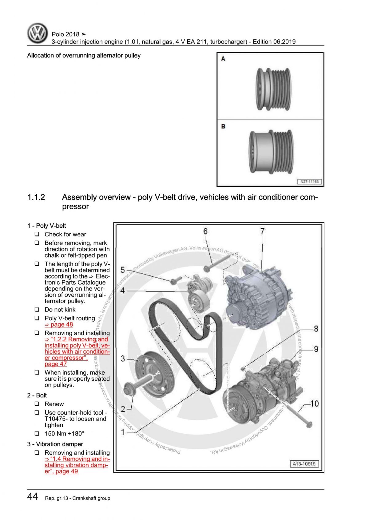 VW 3-cylinder injection engine (1.0 l, natural gas, 4 V EA 211, turbocharger) OEM Workshop Manual