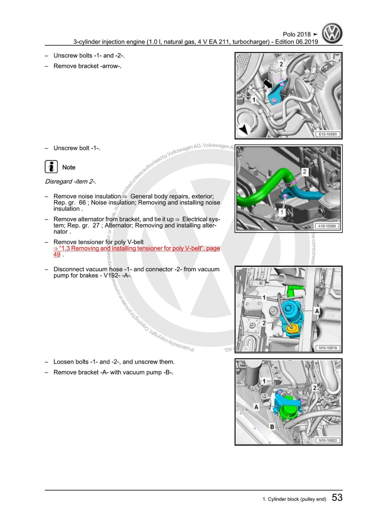 VW 3-cylinder injection engine (1.0 l, natural gas, 4 V EA 211, turbocharger) OEM Workshop Manual