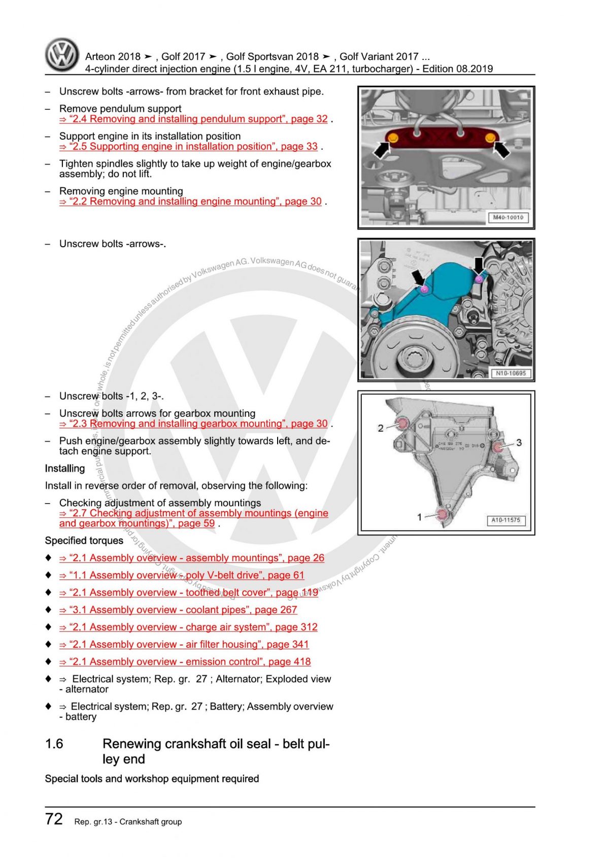 VW 4-Cylinder Direct Injection Engine (1.5 l Engine, 4V, EA 211, Turbocharger) OEM Workshop Manual