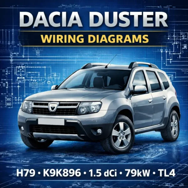 Dacia Duster 2013 wiring diagrams manual cover with SUV vehicle and electrical blueprint schematic background