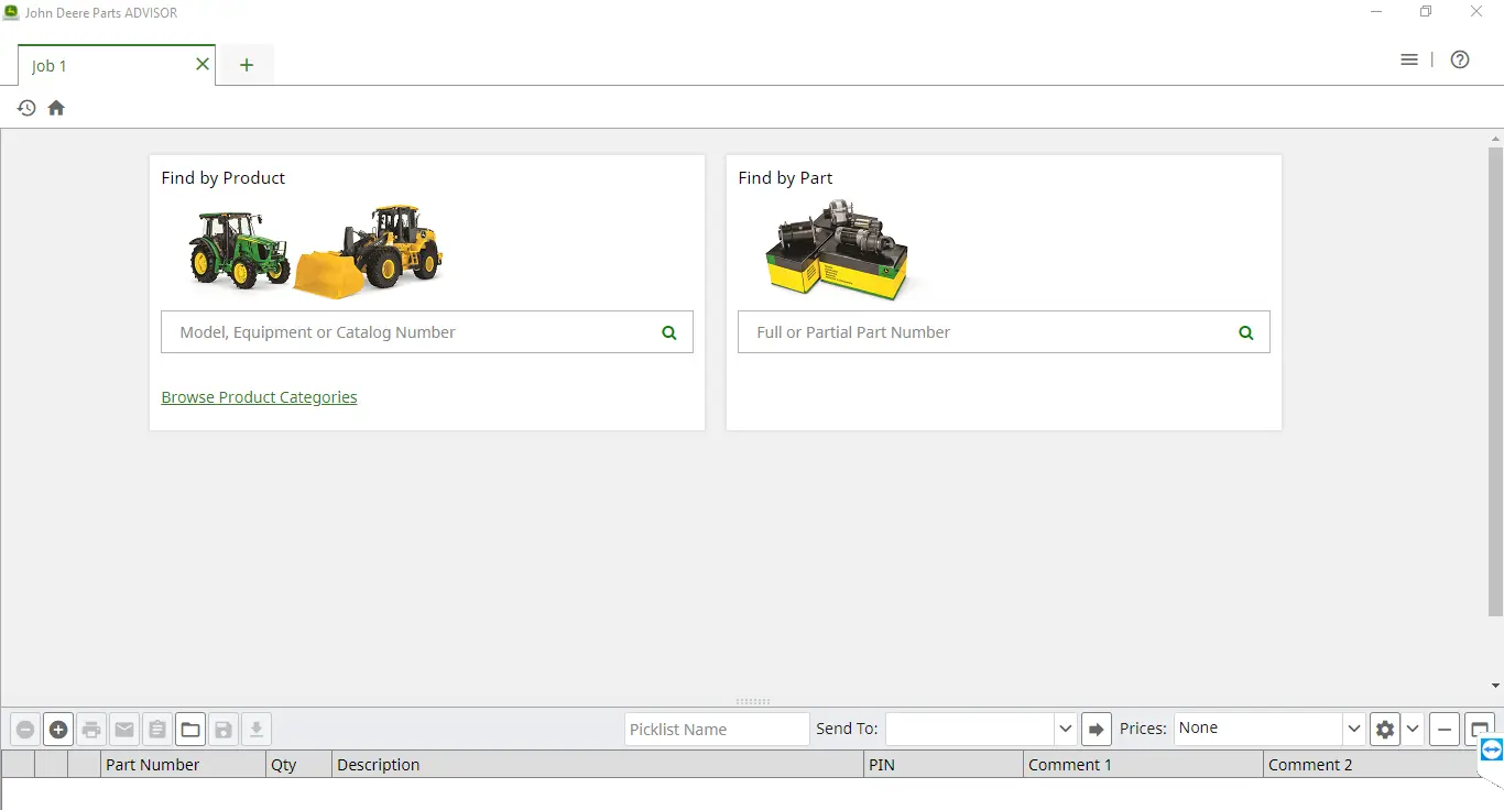 John Deere Parts Advisor software interface showing product and part search dashboard for agricultural and construction equipment