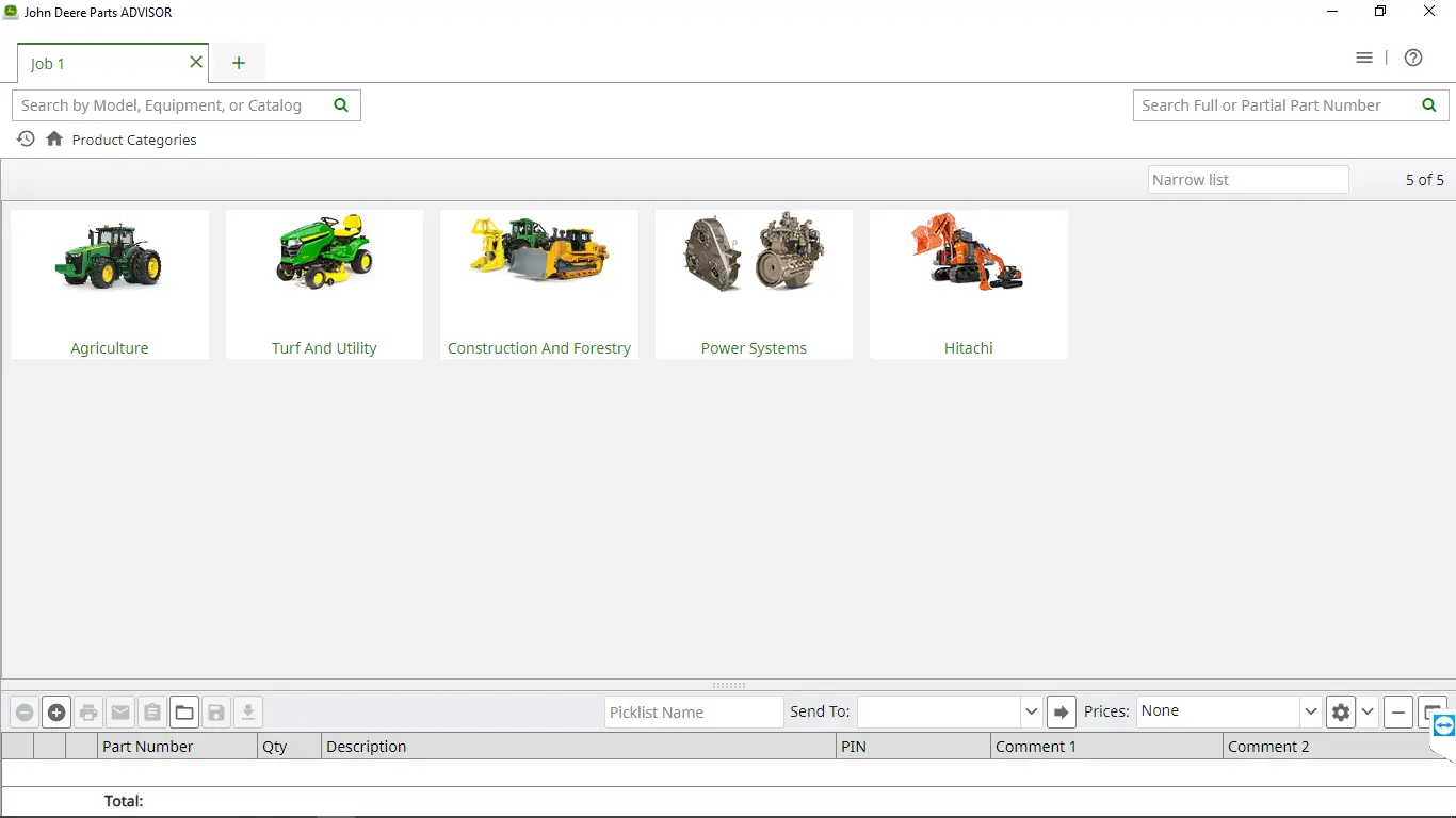 John Deere Parts Advisor product category selection screen showing agriculture, turf, construction, power systems, and Hitachi equipment catalogs