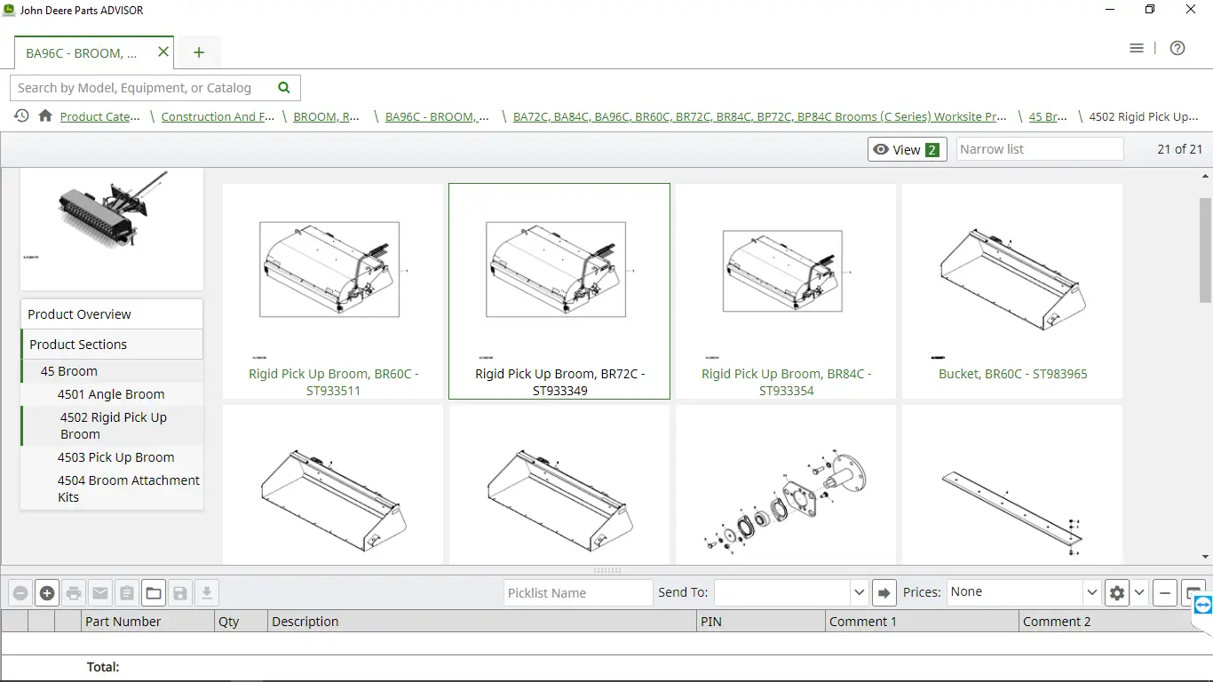 John Deere Parts Advisor showing BA96C rigid pickup broom parts catalog with BR60C, BR72C and BR84C broom assemblies, buckets, and exploded component diagrams