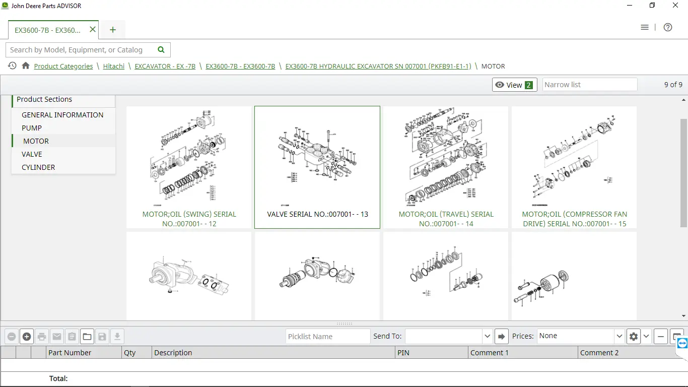 John Deere Parts Advisor showing Hitachi EX3600-7B hydraulic excavator motor and valve parts diagrams including swing motor, travel motor, compressor fan drive and valve assemblies for serial 007001