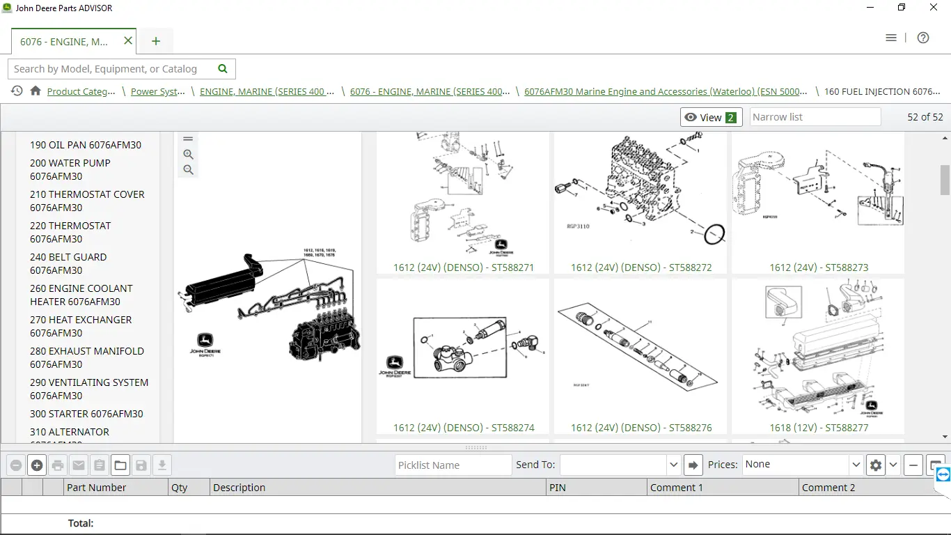 John Deere Parts ADVISOR interface showing a digital parts catalog for a 6076AFM30 marine engine, featuring exploded view diagrams, part numbers, and technical illustrations for fuel injection and engine components.