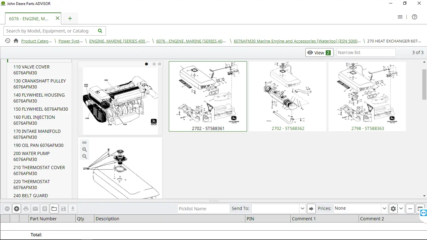 John Deere Parts ADVISOR showing technical exploded view diagrams and part lists for the 6076AFM30 marine engine, including intake manifold and valve cover components.