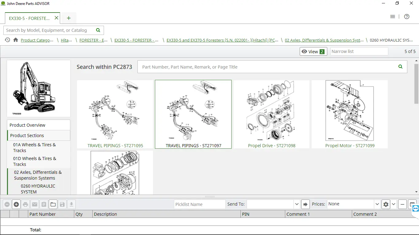 John Deere Parts ADVISOR software displaying the 6076AFM30 marine engine parts catalog, featuring exploded view diagrams for the heat exchanger, valve cover, and intake manifold with part reference numbers like ST588361.
