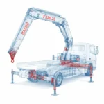 Fassi F330.23 truck-mounted hydraulic crane blueprint illustration showing telescopic boom, outriggers, subframe and hydraulic system layout on white background