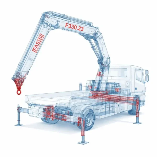 Fassi F330.23 truck-mounted hydraulic crane blueprint illustration showing telescopic boom, outriggers, subframe and hydraulic system layout on white background