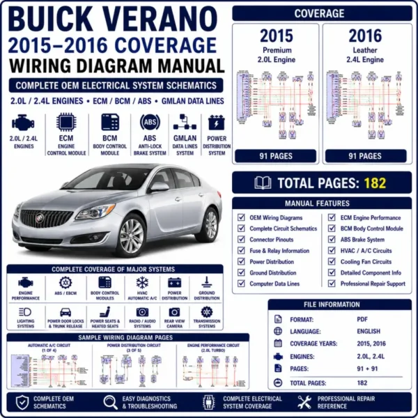 Buick Verano 2015 and 2016 wiring diagram manual covering 2.0L and 2.4L ECM, BCM, ABS, GMLAN, power distribution and OEM circuit schematics.