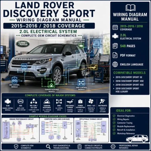 Land Rover Discovery Sport 2015 2016 and 2018 wiring diagram manual concept showing 2.0L electrical system, ECM, ABS, MS-CAN, AWD, Terrain Response and deployable towbar circuits.