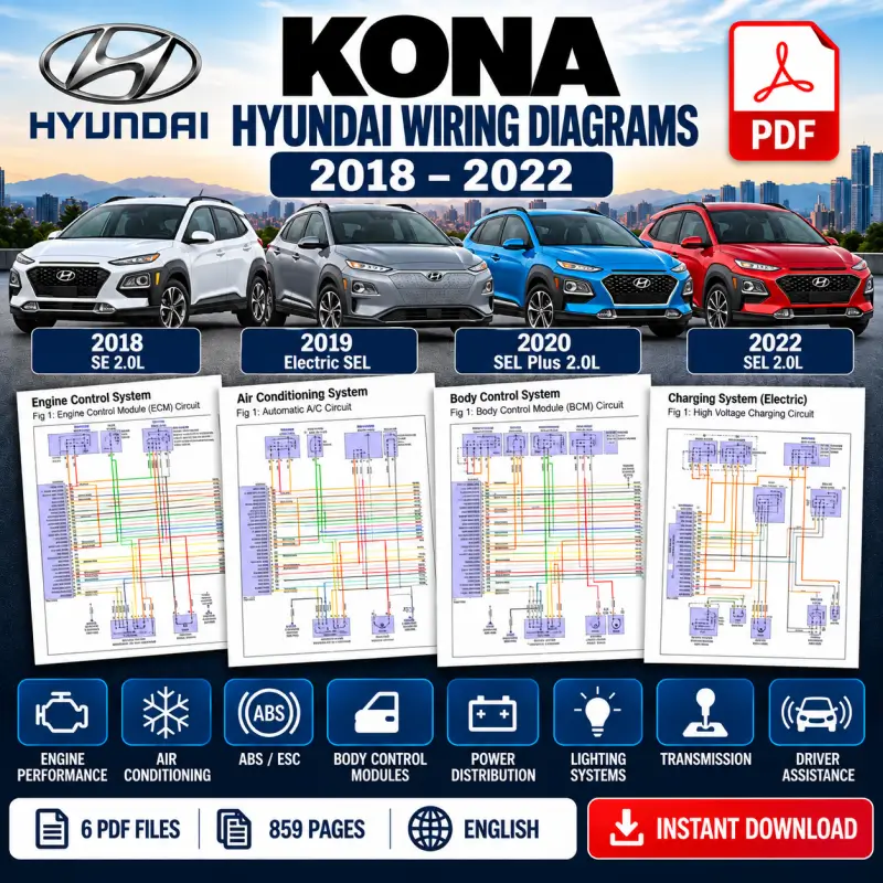 Hyundai Kona & Kona Electric Wiring Diagram Manual 2018-2022 Hyundai Kona and Kona Electric wiring diagram manuals 2018 2019 2020 2022 electrical schematics