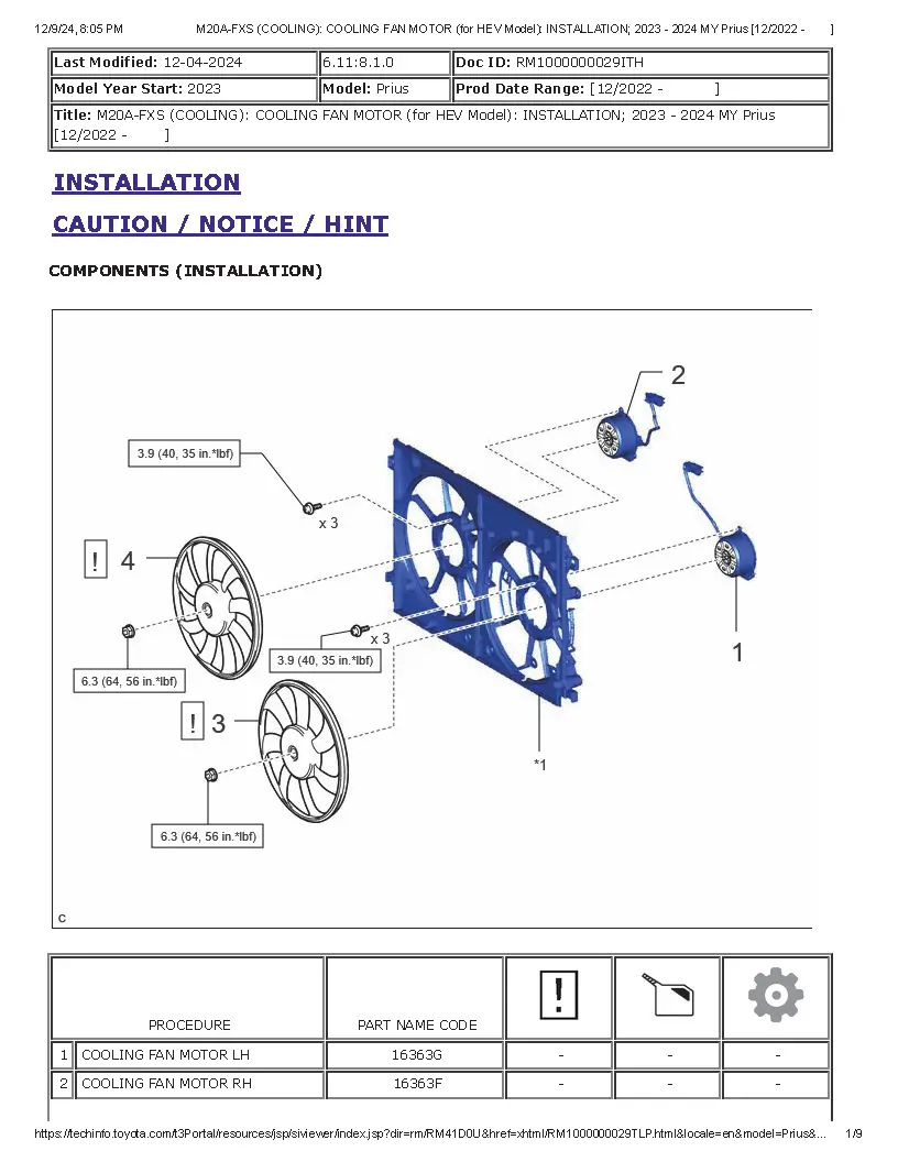 Toyota Prius Prius Prime 2023–2024 Workshop Service Repair Manual - M20A-FXS (COOLING) COOLING FAN MOTOR (for HEV Model) INSTALLATION