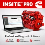 Cummins INSITE PRO diagnostic software interface on laptop with Cummins diesel engine – ECM programming and fault code diagnostics