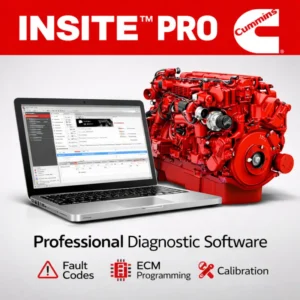 Cummins INSITE PRO diagnostic software interface on laptop with Cummins diesel engine – ECM programming and fault code diagnostics