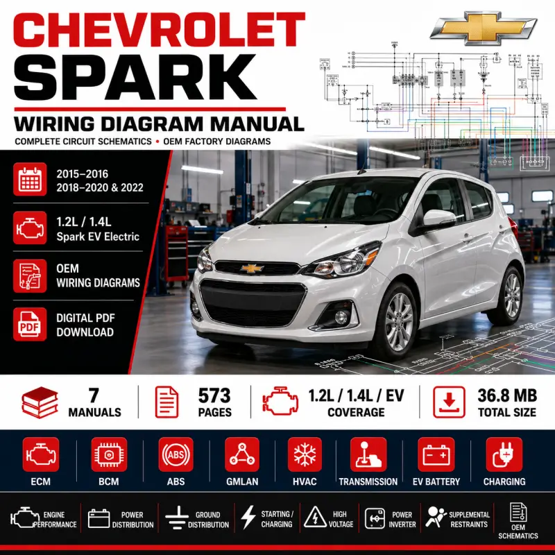 chevrolet-spark-spark-ev-2015-2016-2018-2020-2022-wiring-diagram-manual Chevrolet Spark and Spark EV 2015–2016, 2018–2020 and 2022 wiring diagram manual for 1.2L, 1.4L and electric models covering ECM, BCM, ABS, GMLAN, power distribution, transmission, EV battery, charging and OEM electrical schematics.
