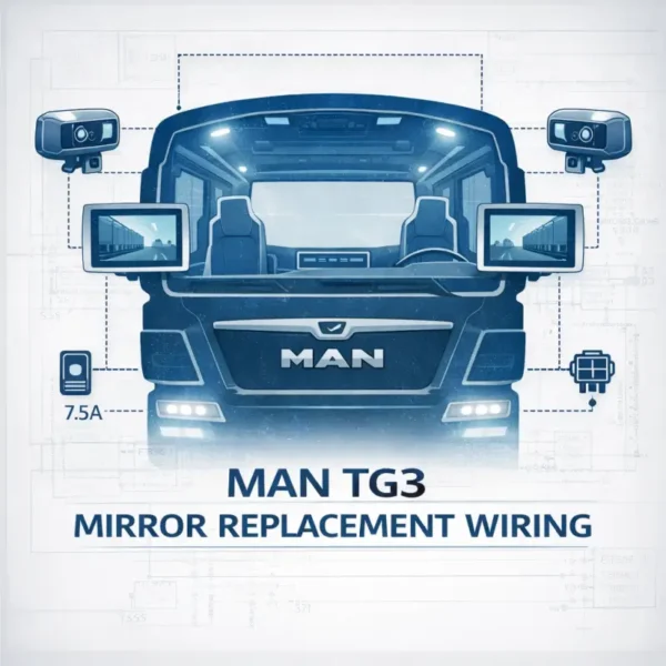 MAN TG3 digital mirror replacement system wiring showing roof cameras, interior display screens, fuse protection and CAN communication