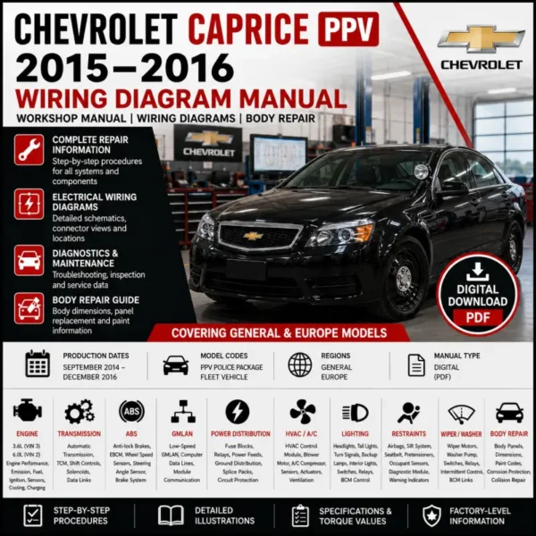 Chevrolet Caprice PPV 2015 and 2016 wiring diagram manual covering 3.6L and 6.0L electrical systems, ECM, BCM, ABS, GMLAN, power distribution, HVAC, transmission, restraints and OEM circuit schematics.