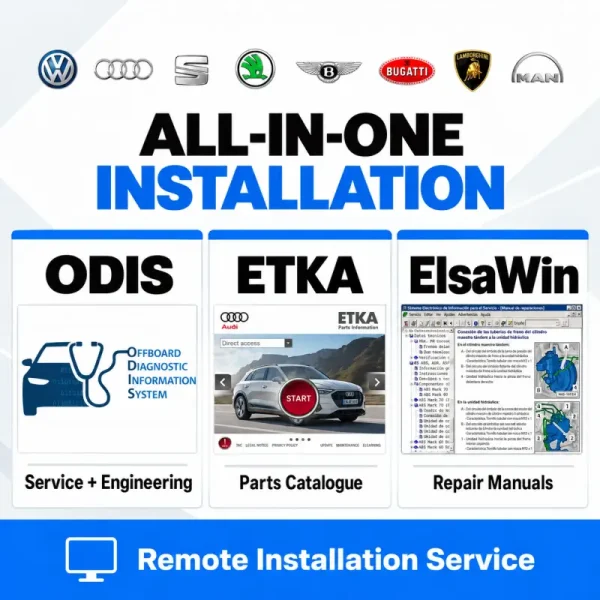 VAG software package featuring ODIS Service and Engineering, ETKA parts catalogue, and ElsaWin repair manuals with remote installation.
